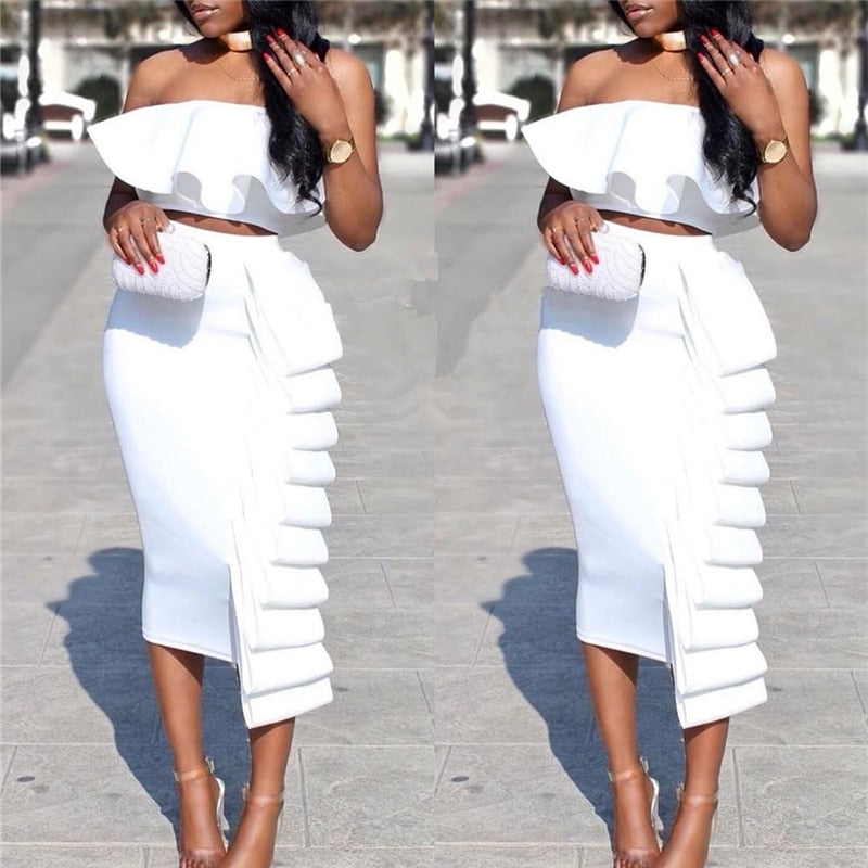 Ruffled High Waisted Pencil Skirt