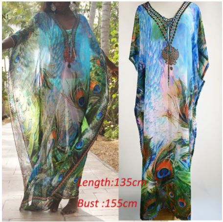 Peacock print, kaftan, cover up, kimono