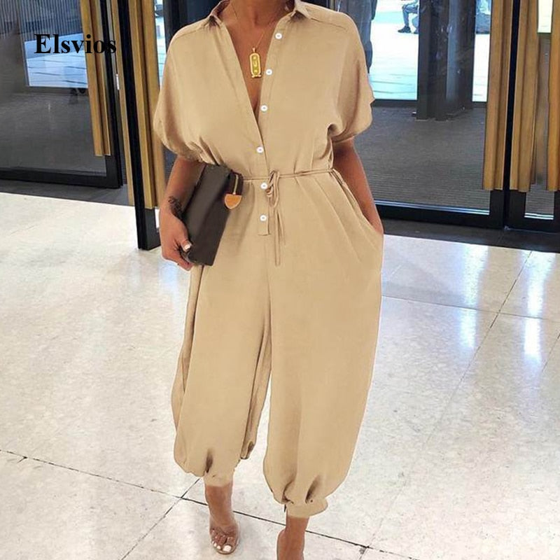 V-Neck Button-Up Jumpsuit