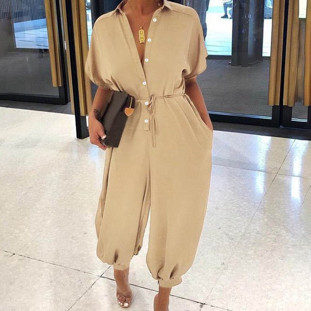 V-Neck Button-Up Jumpsuit