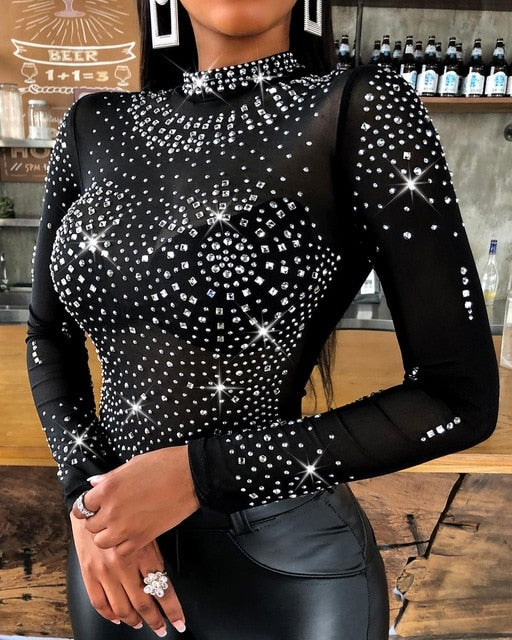 Shiny Studded Mesh Bodysuit