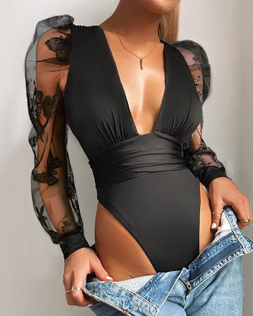 V-Neck Lace Puff Sleeve Bodysuit