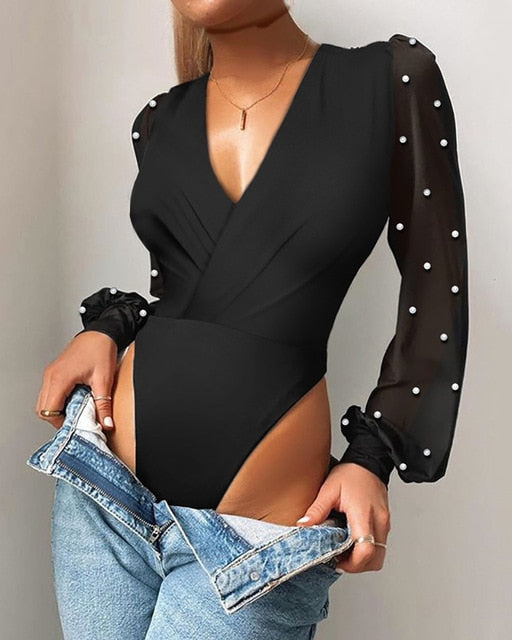 V-Neck Lace Puff Sleeve Bodysuit