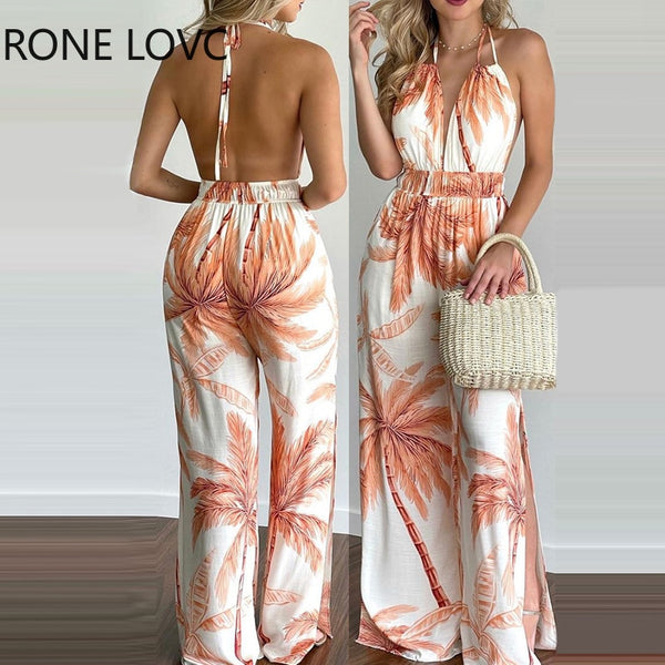 Tropical Print Summer Jumpsuit Halter V Neck Jumpsuit