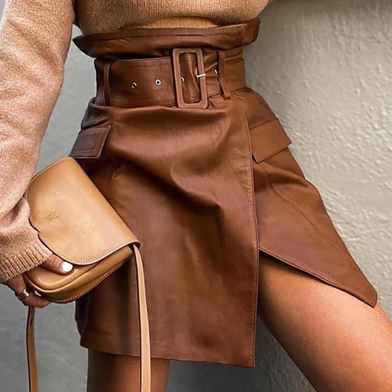 High Waisted Belted Leather Skirt