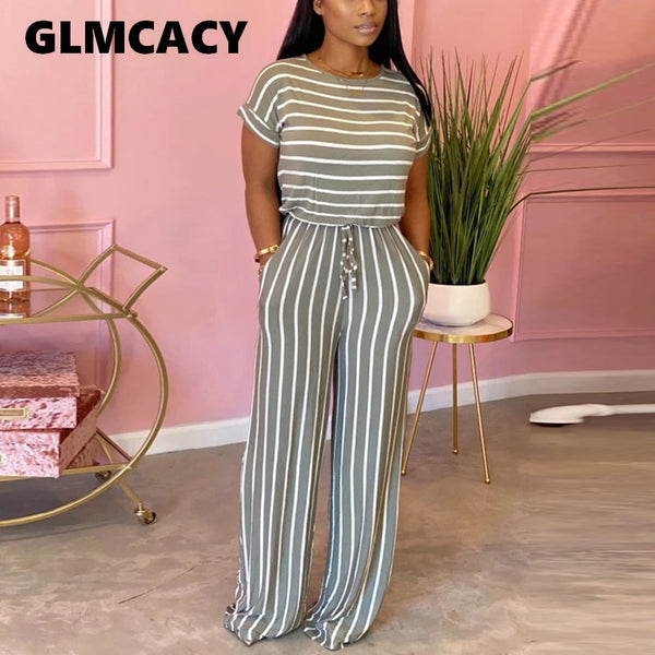 Women Causal Striped Short Sleeve Jumpsuit Plus Size Loose Fit Summer Long Pants Daily Overalls Comfy Jumpsuit