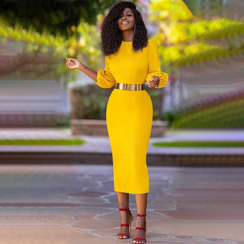 Yellow Bodycon Dress with Three Quater Sleeve (Plus sizes available)