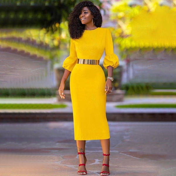 Yellow Bodycon Dress with Three Quater Sleeve (Plus sizes available)